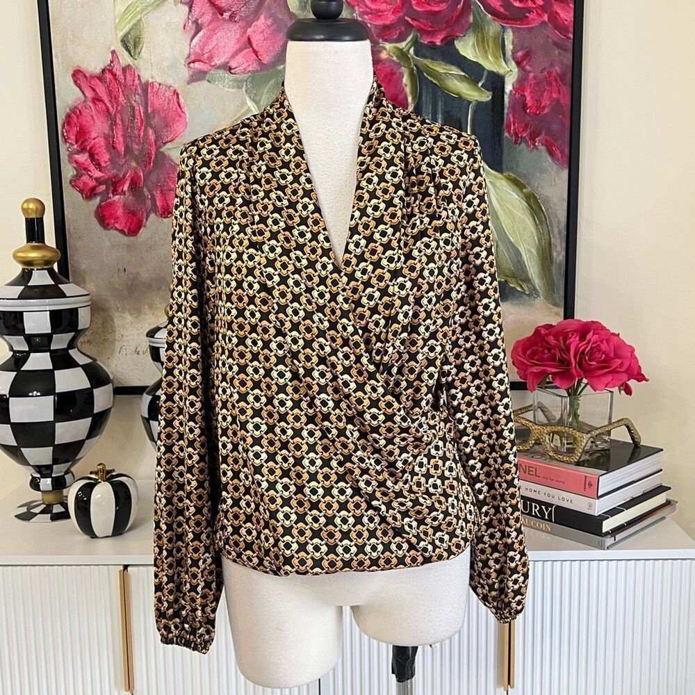T Tahari Women's Geo Chain Surplice Faux Wrap Blouse Black Yellow Gold Small